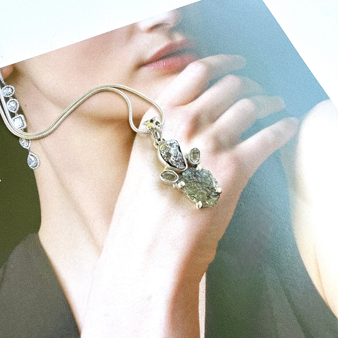 MOLDAVITE, HERKIMER DIAMOND, METEORITE CAMPO DEL CIELO PENDANT