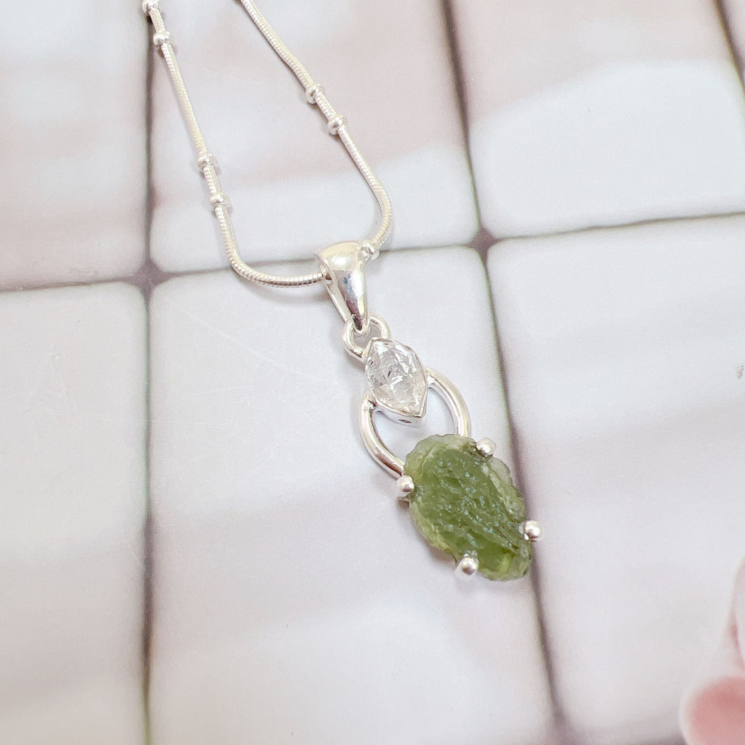 MOLDAVITE & HERKEMIR DIAMOND PENDANT