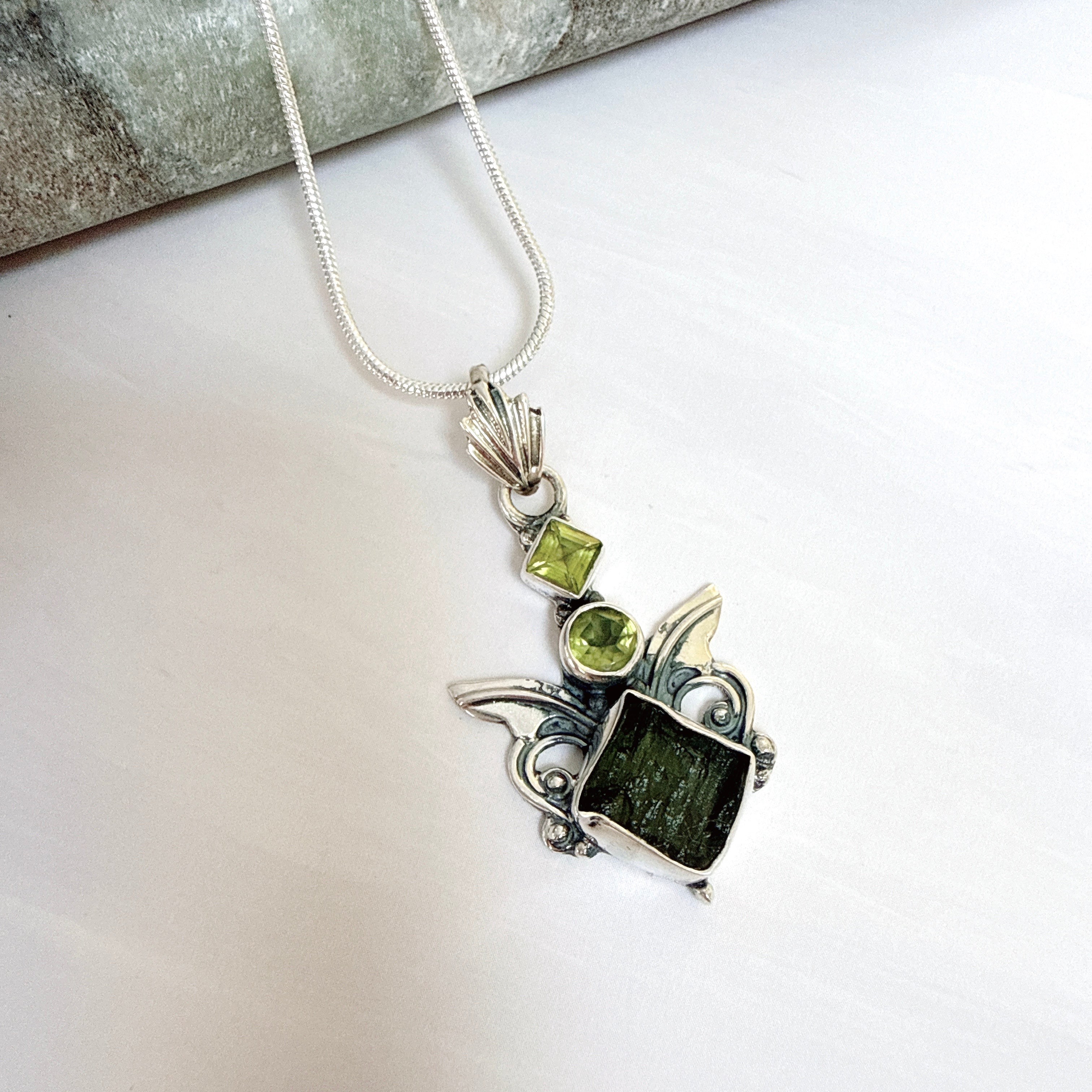 Moldavite & Peridot Faceted Pendant