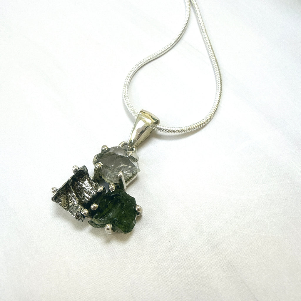 Moldavite, Herkimer Diamond & Campo del Cielo Pendant