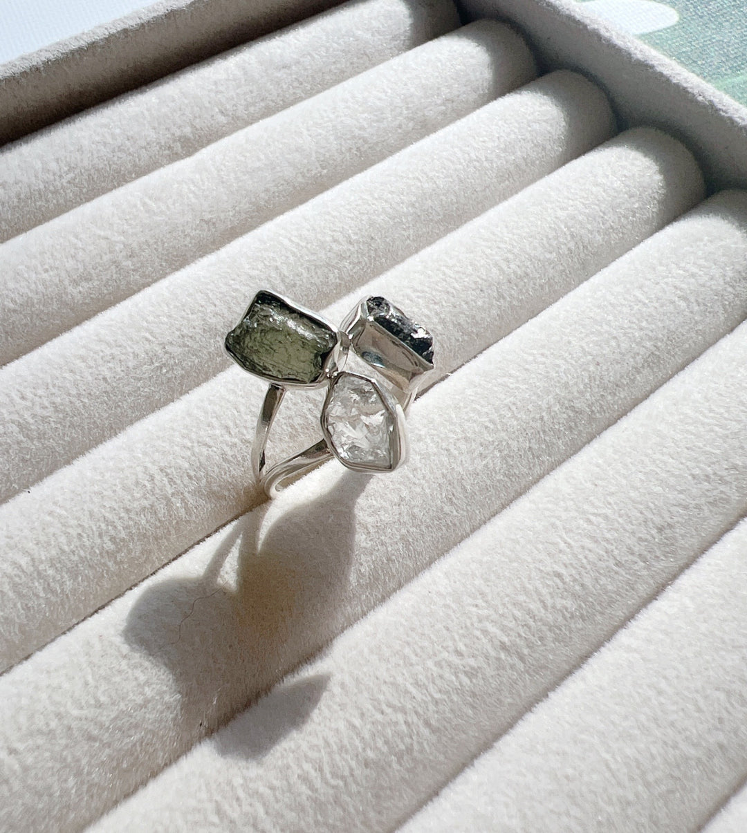 MOLDAVITE, HERKIMER DIAMOND & CAMPO DEL CIELO RING