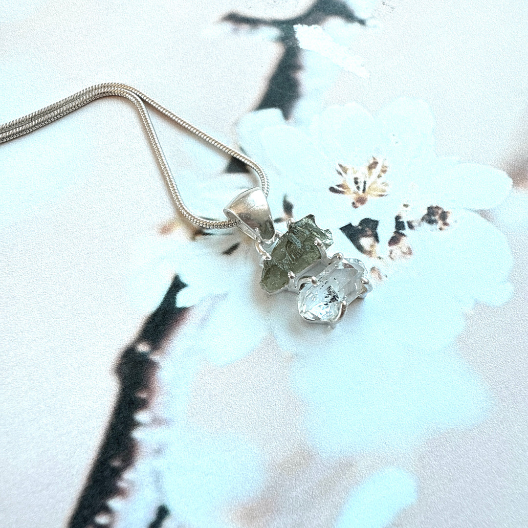 MOLDAVITE & HERKEMIER DIAMOND PENDANT