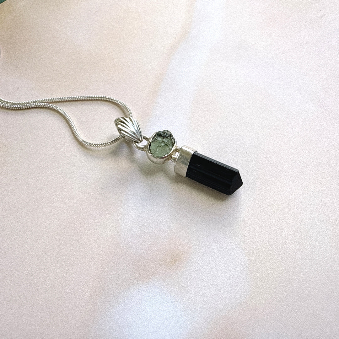 MOLDAVITE & BLACK TOURMALINE PENDANT
