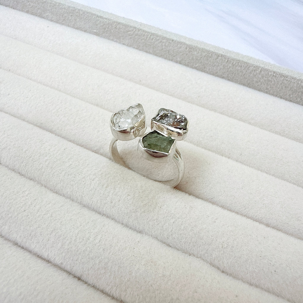 Moldavite, Herkimer Diamond & Meteorite Campo del Cielo Ring