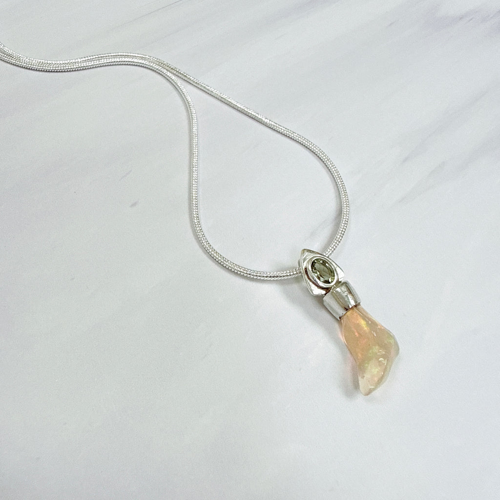 Faceted Moldavite & Ethiopian Opal Pendant