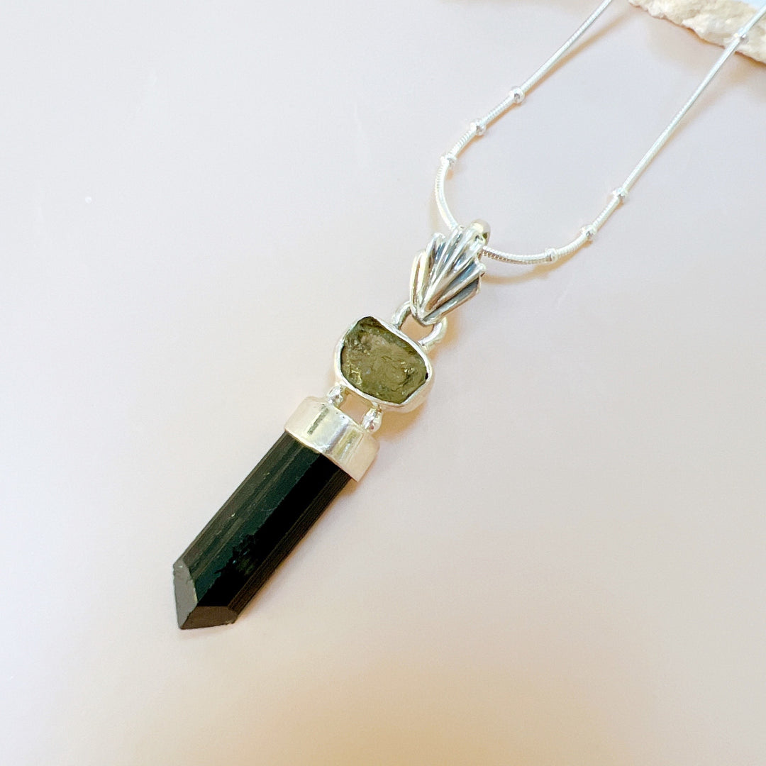 MOLDAVITE & BLACK TOURMALINE PENDANT