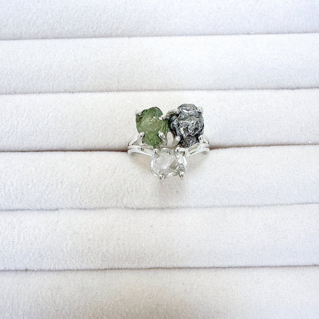 Moldavite, Herkimer Diamond & Meteorite Campo del Cielo Ring