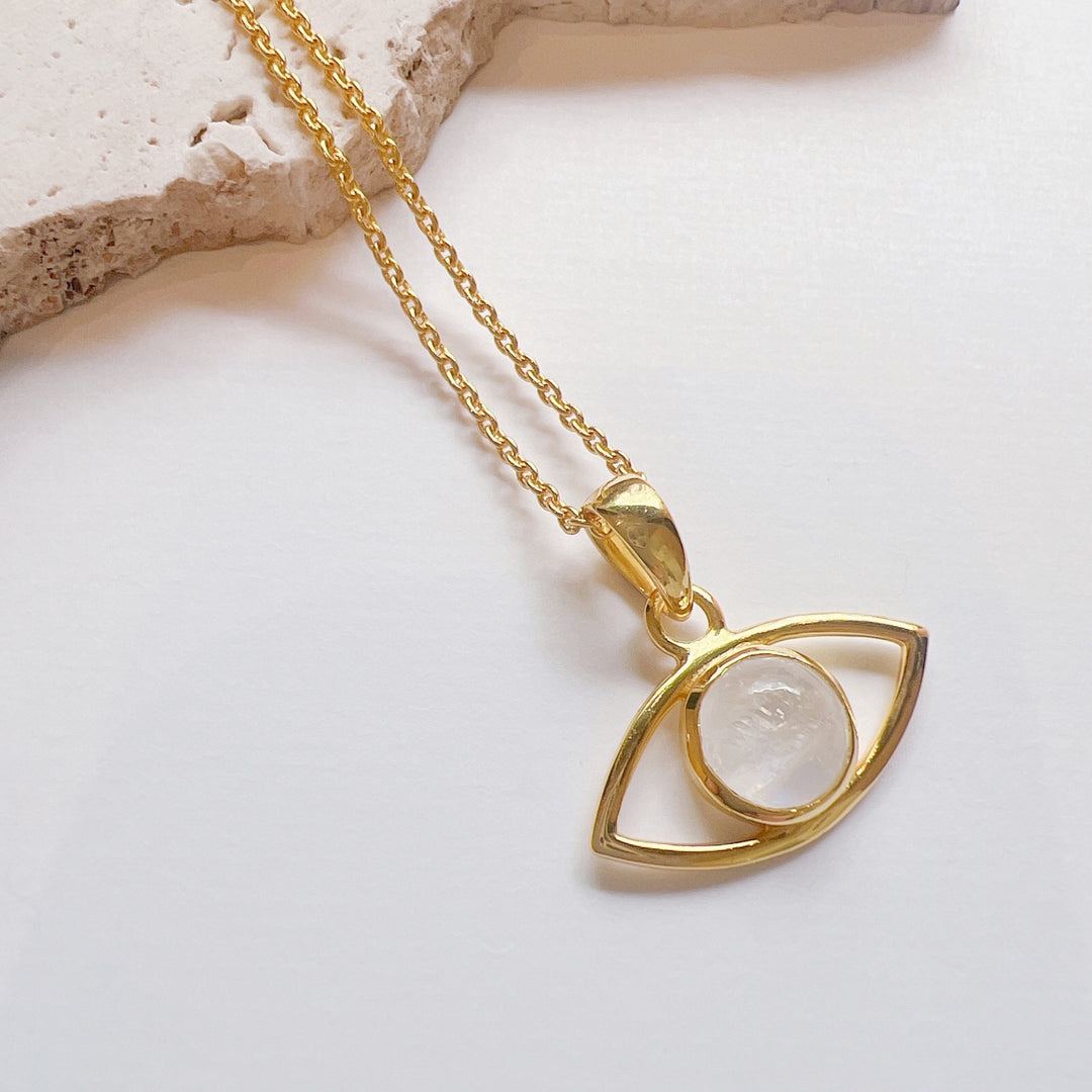 Evil Eye Rainbow Moonstone Pendant & Gold Plated Necklace 925 Silver
