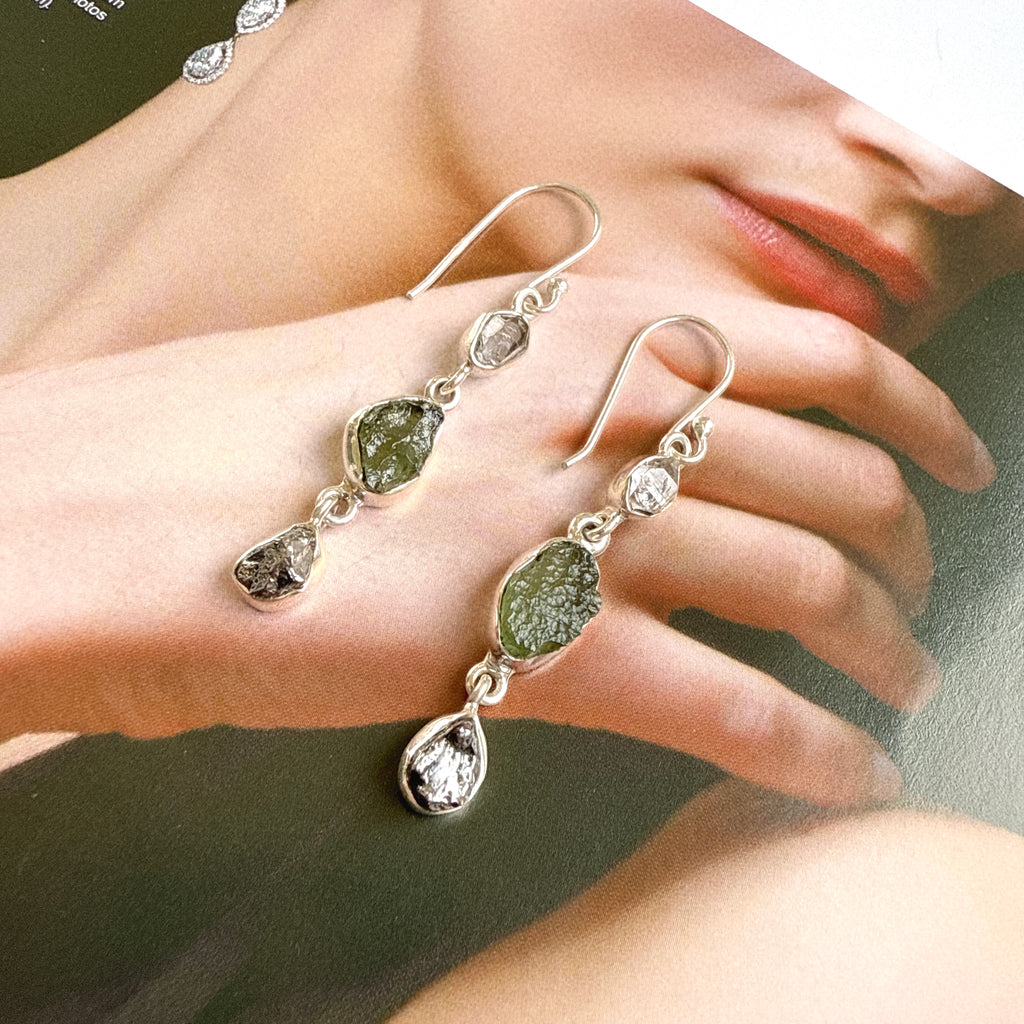 Moldavite, Campo Del Cielo & Herkimer Diamond Earrings