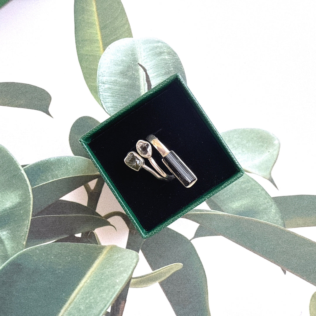 Moldavite, Herkimer & Black Tourmaline Ring