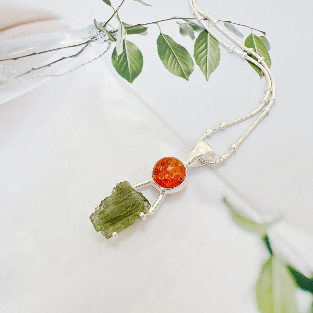 MOLDAVITE & BALTIC AMBER PENDANT