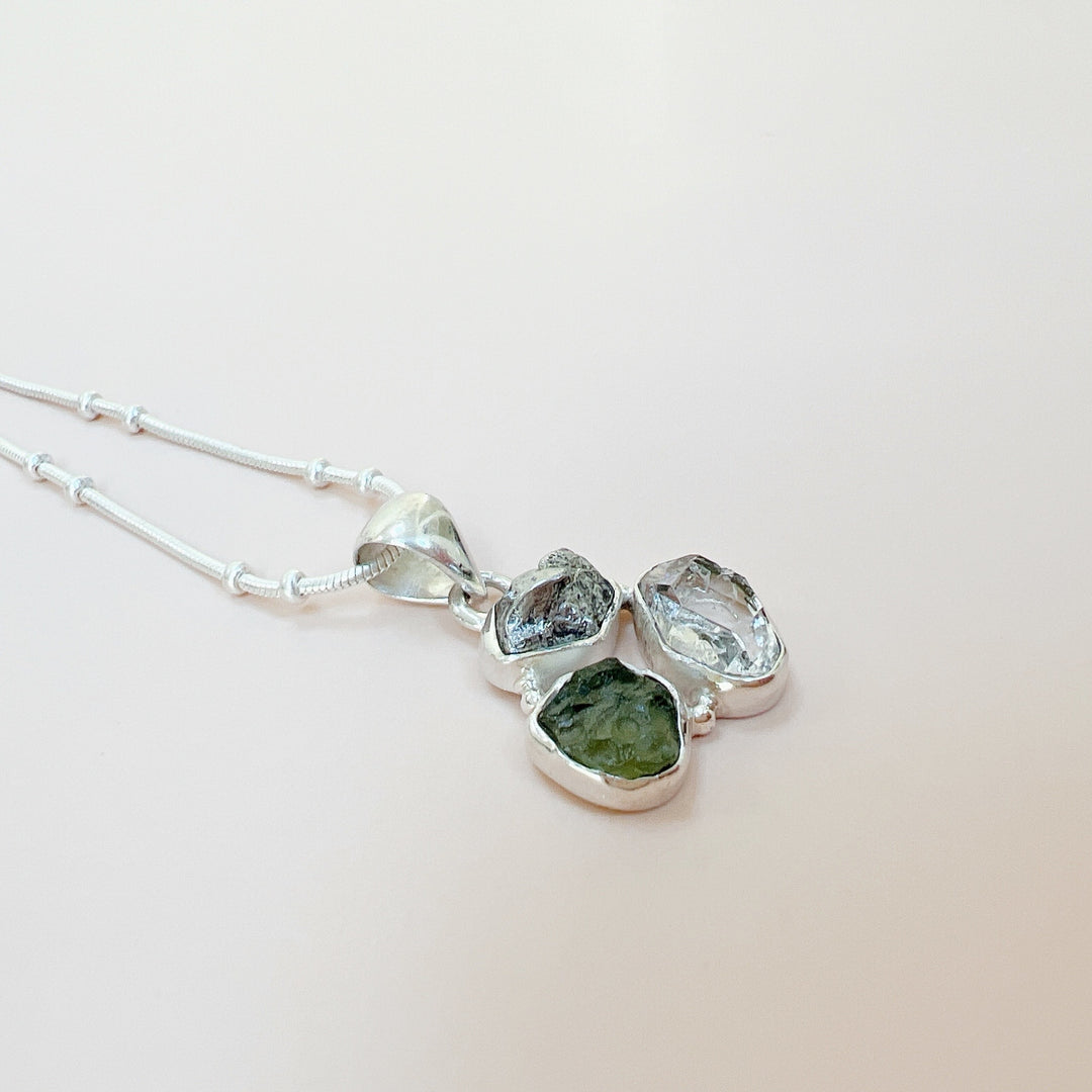 MOLDAVITE, HERKEMIR DIAMOND AND CAMPO DEL CIELO PENDANT