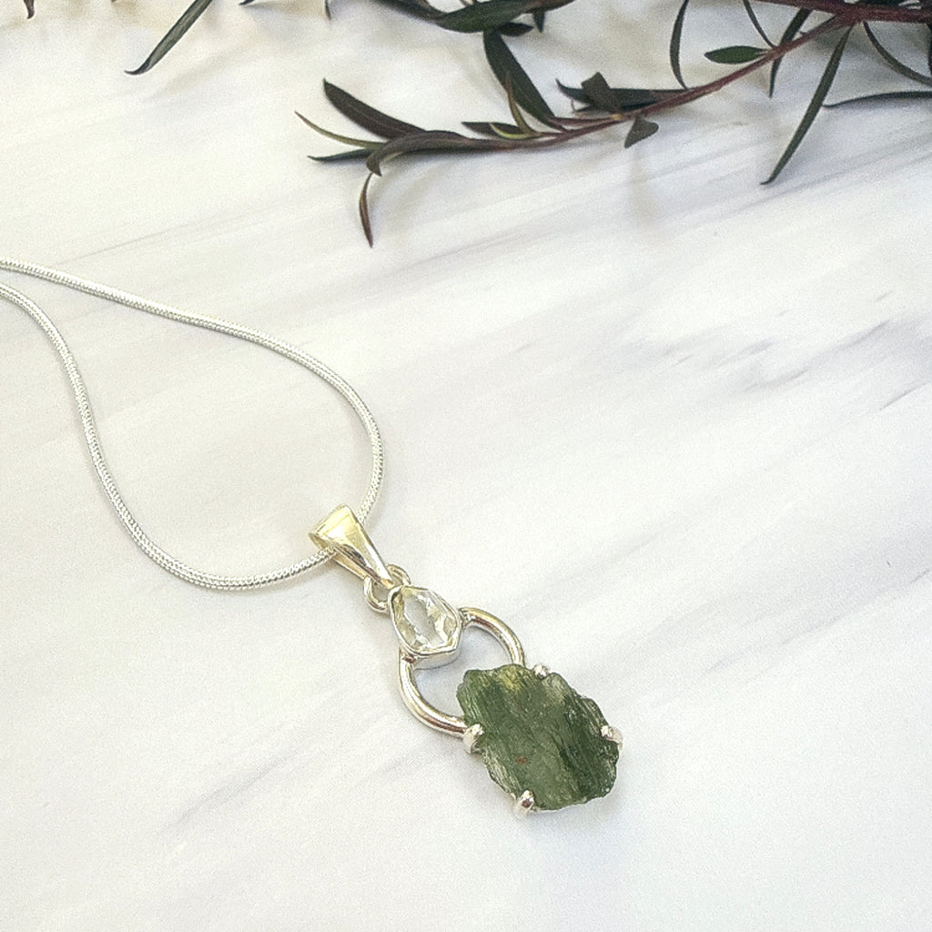 Moldavite with Herkimer Diamond Pendant