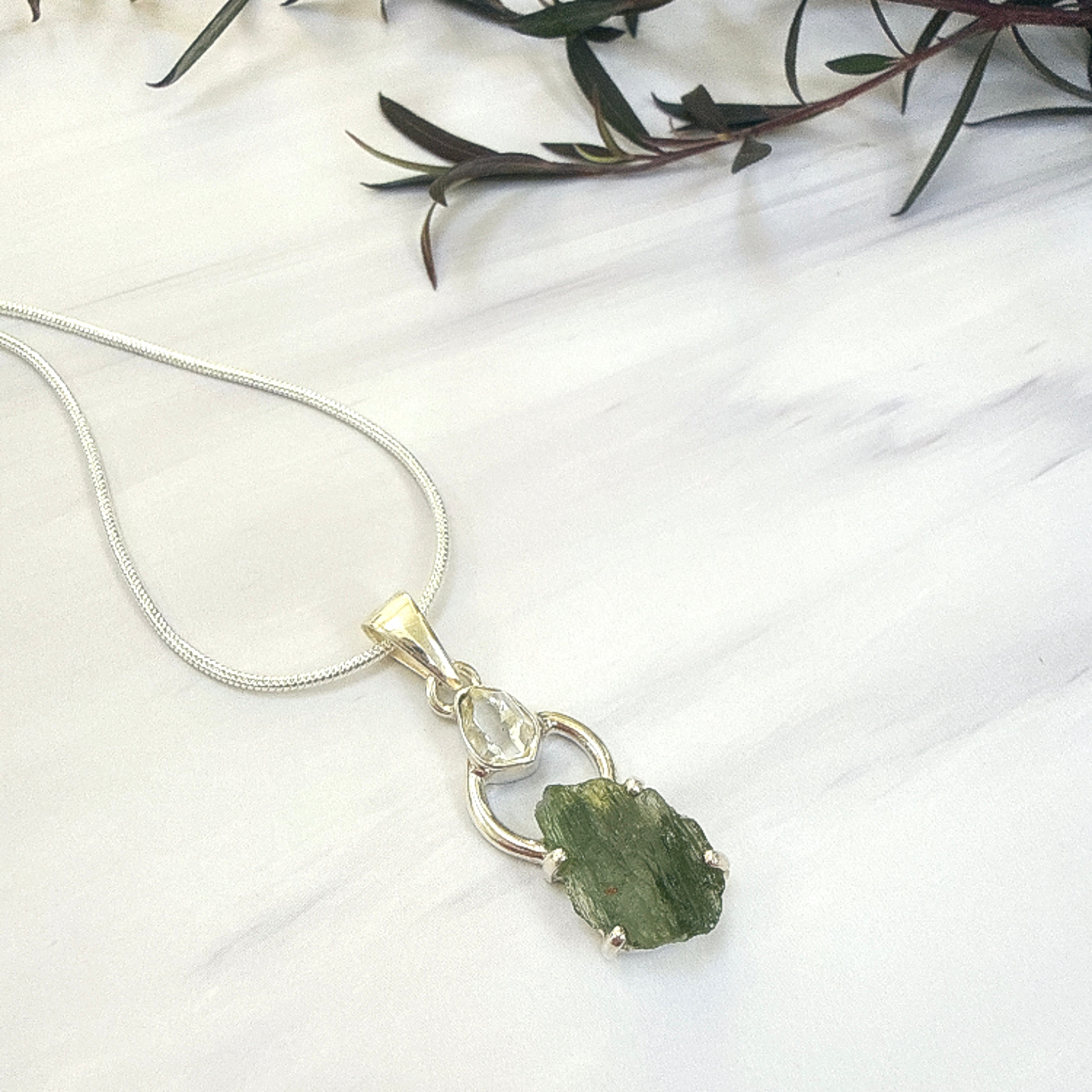 Moldavite with Herkimer Diamond Pendant