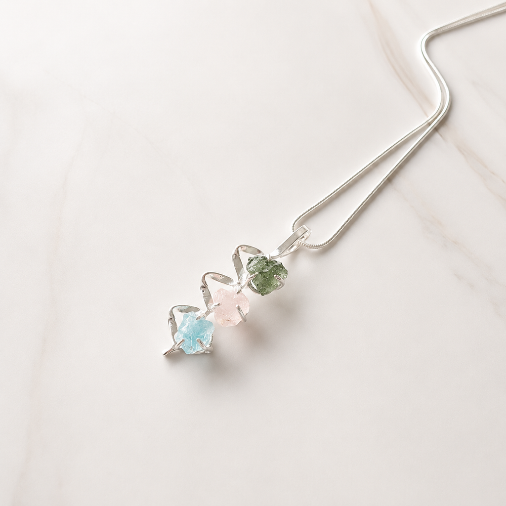 Designer – Moldavite, Rose Quartz & Aquamarine Pendant