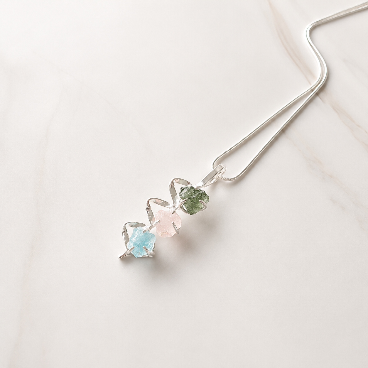 Designer – Moldavite, Rose Quartz & Aquamarine Pendant