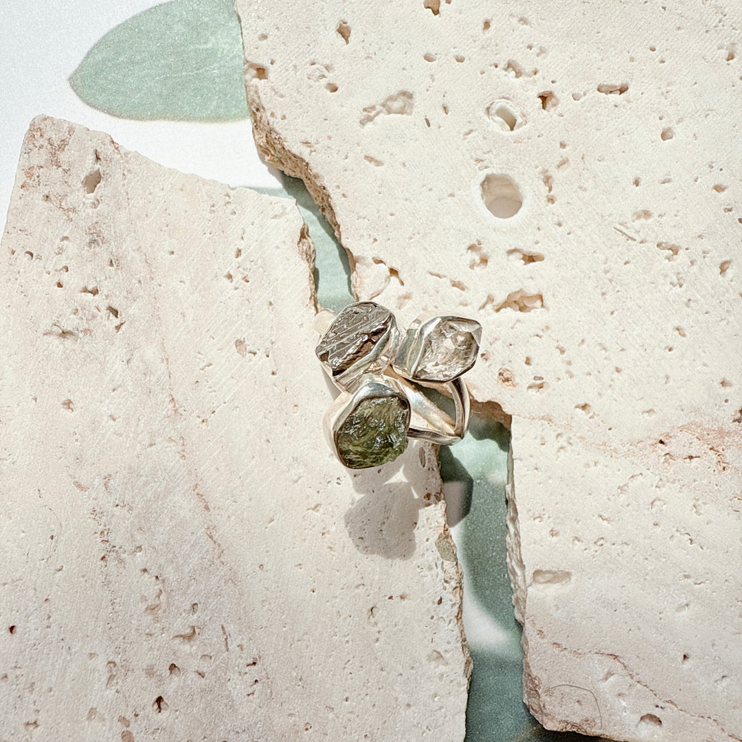 MOLDAVITE, HERKIMER DIAMOND & CAMPO DEL CIELO RING