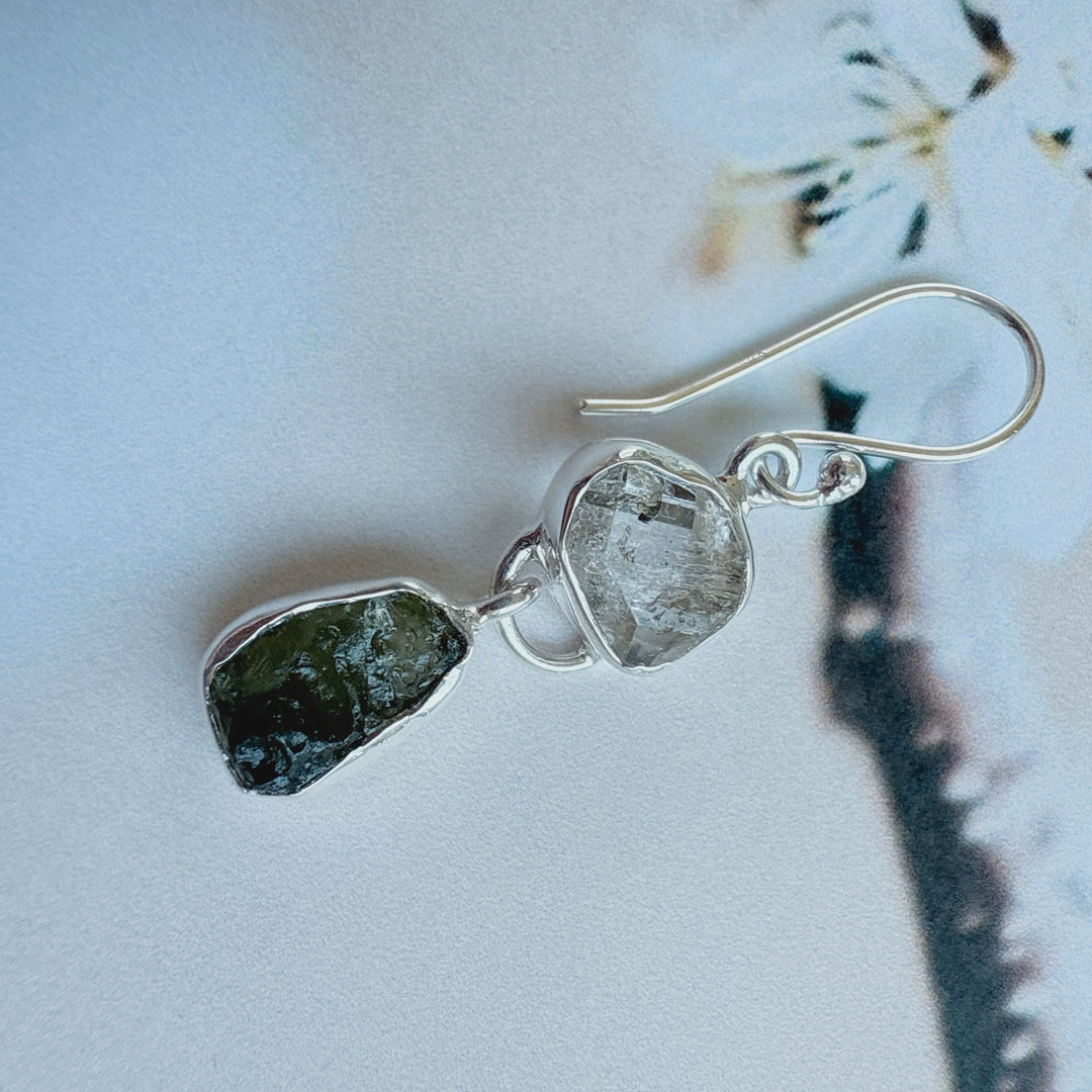 Moldavite & Herkemir Diamond Earrings