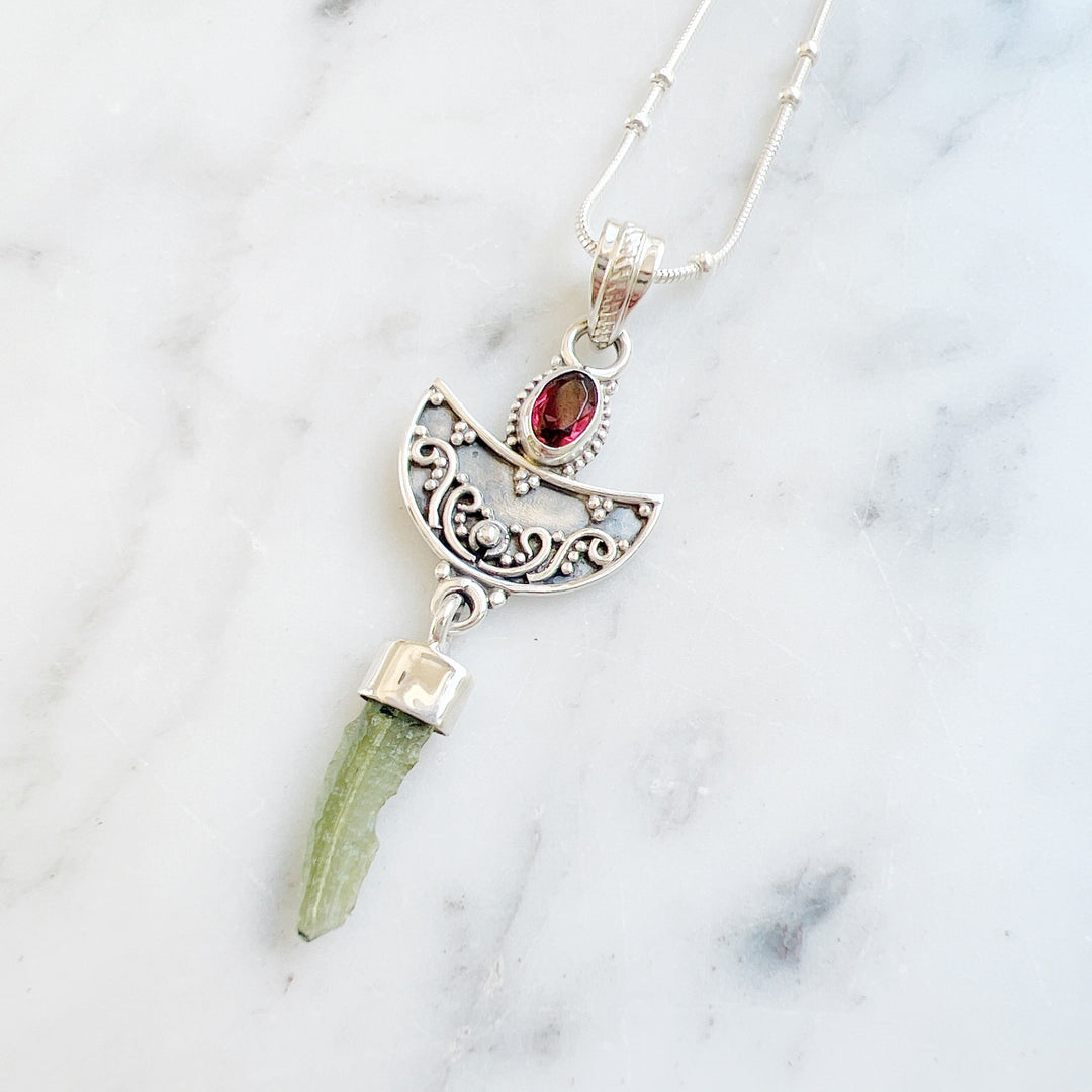 Moldavite & Garnet Pendant