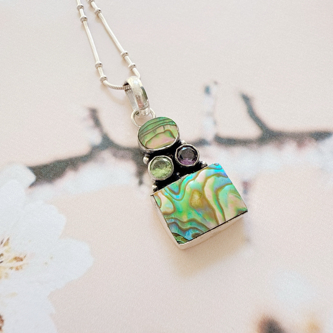 Silver Plated Abalone Shell Peridot & Amethyst Pendant