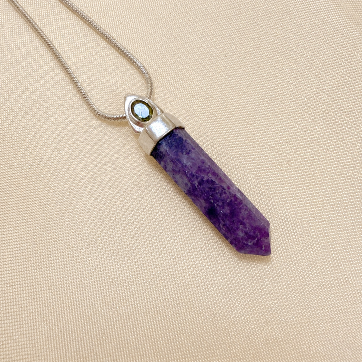 Purple Lepidolite Worry Stone & Moldavite Faceted Pendant