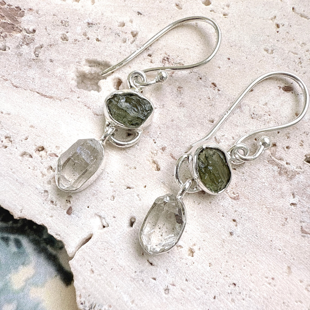 Moldavite & Herkemir Diamond Earrings