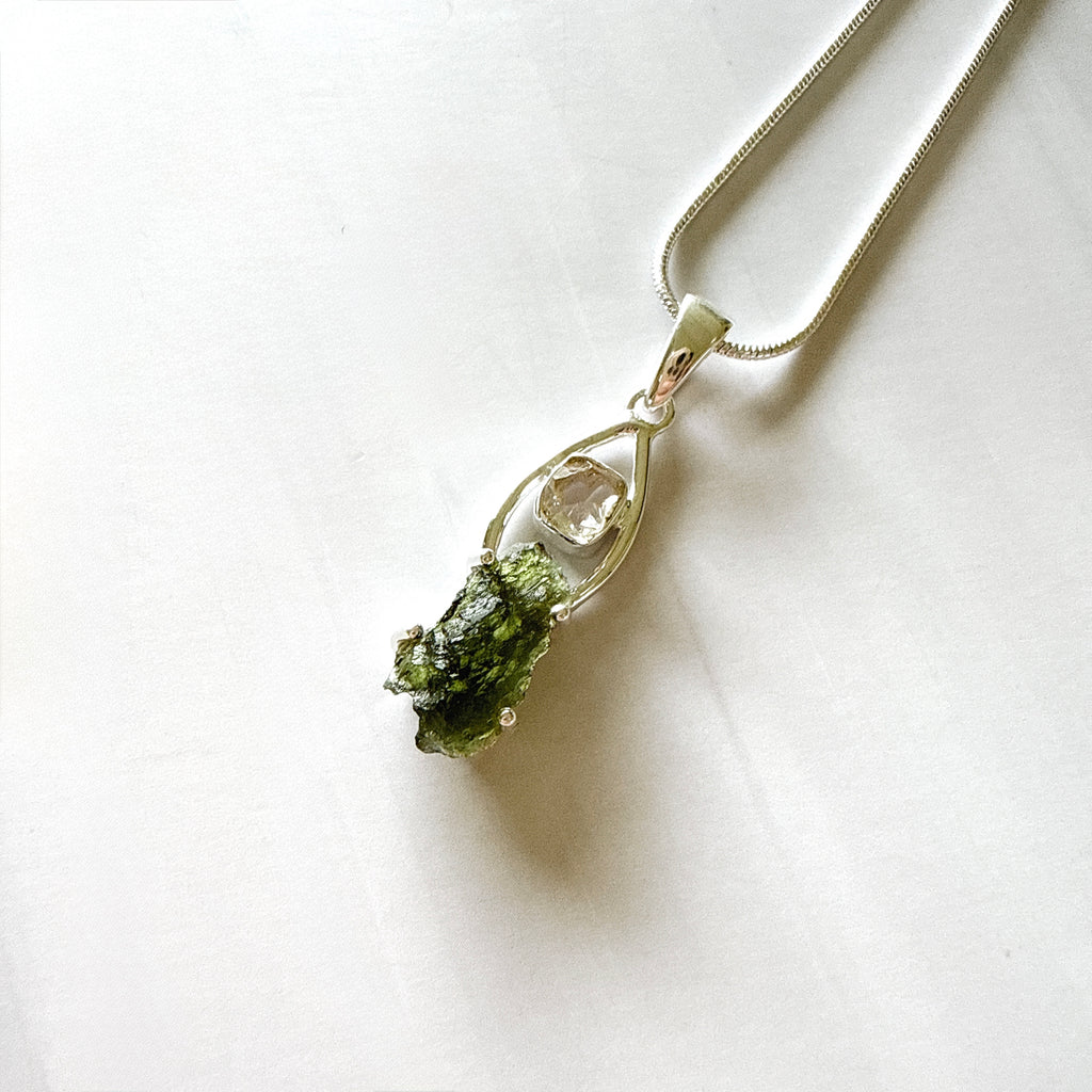Moldavite & Herkimer Diamond Pendant