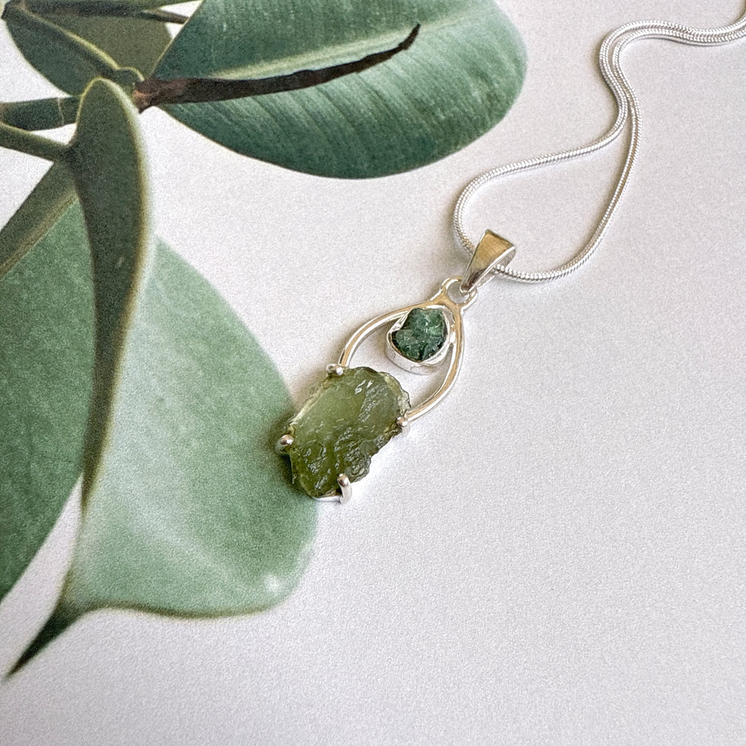 Moldavite & Green Tourmaline Pendant