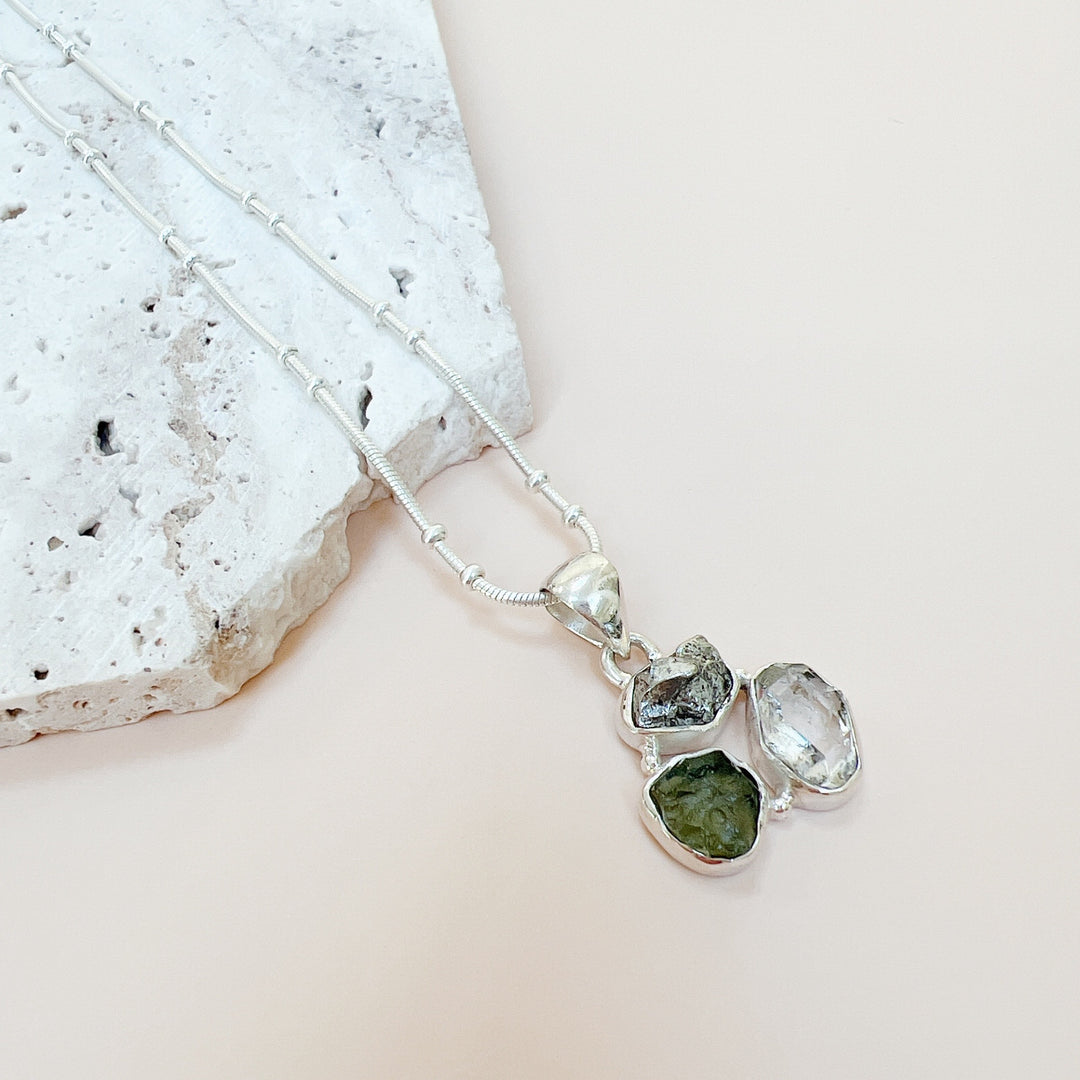 MOLDAVITE, HERKEMIR DIAMOND AND CAMPO DEL CIELO PENDANT