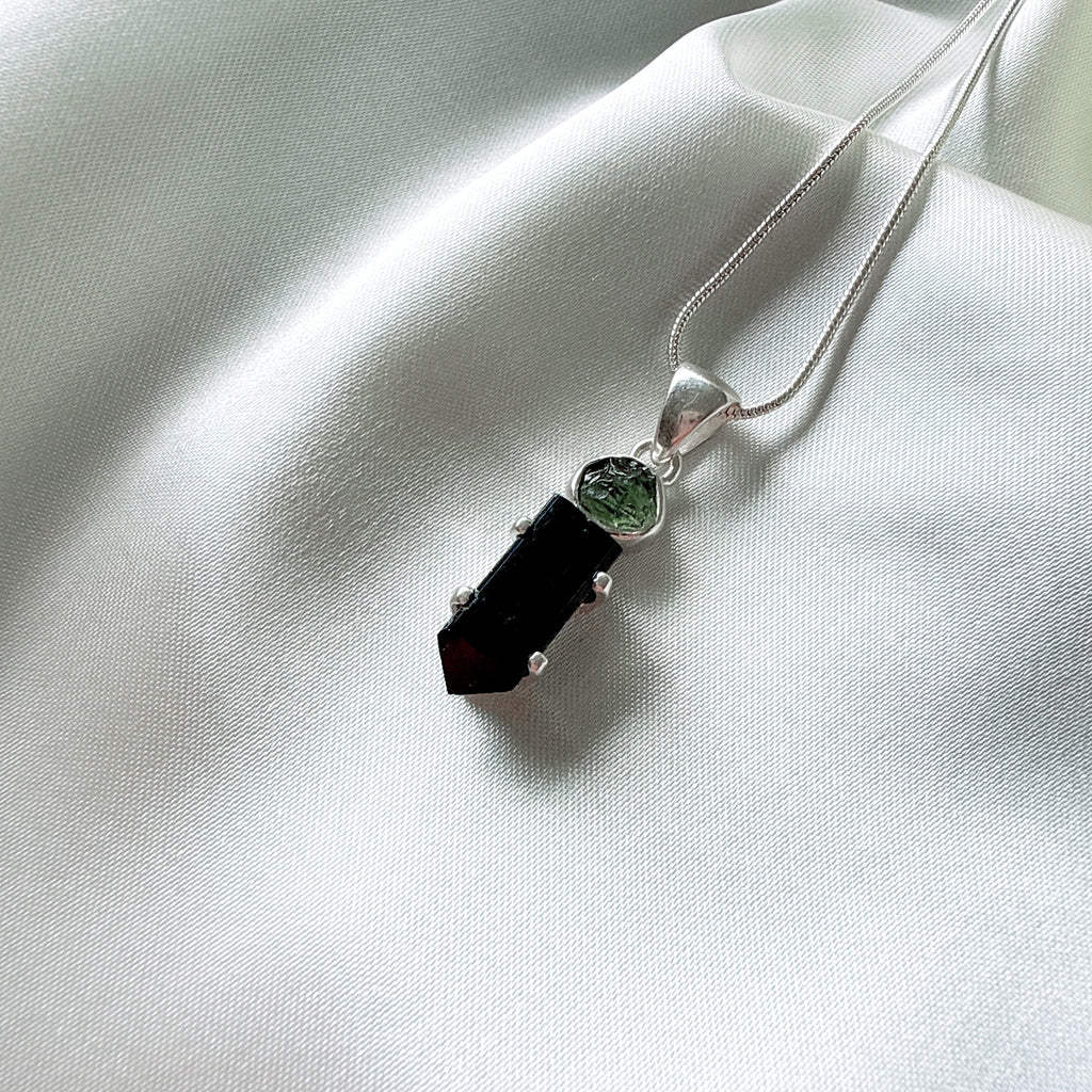 MOLDAVITE & BLACK TOURMALINE PENDANT