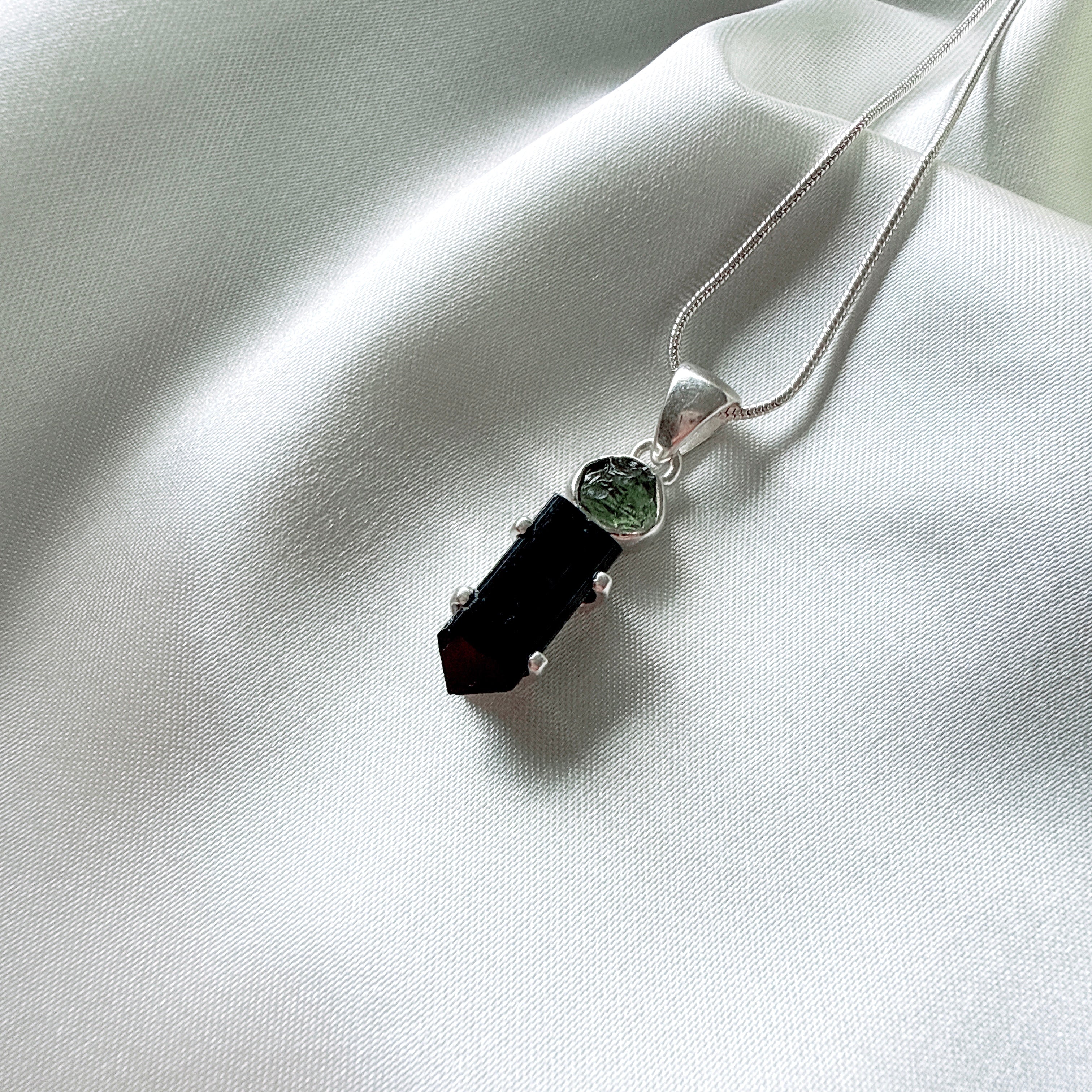 MOLDAVITE & BLACK TOURMALINE PENDANT