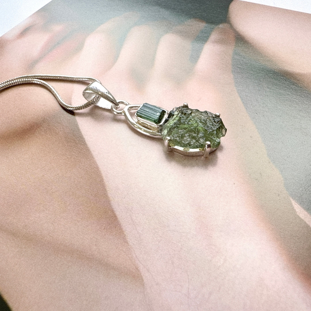 Moldavite & Green Tourmaline Pendant