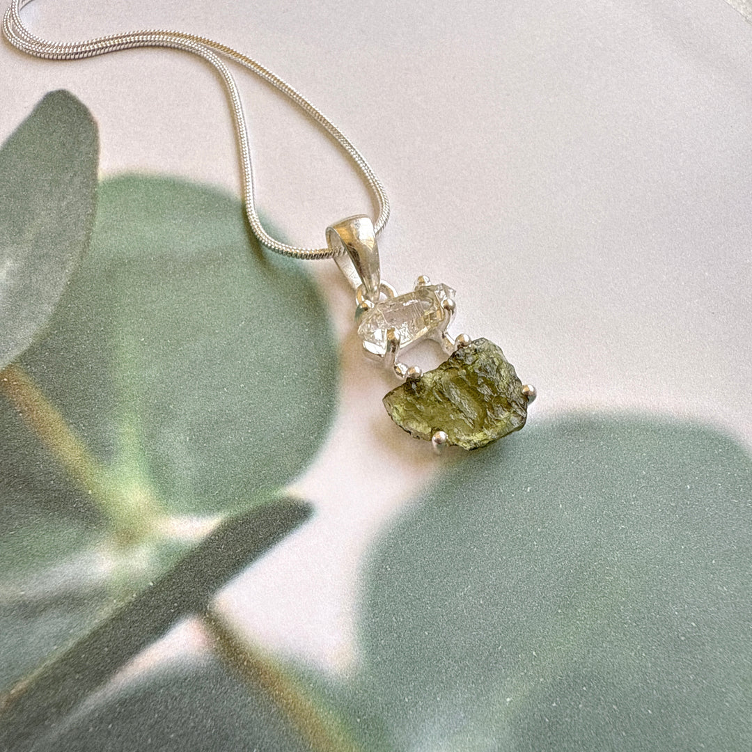MOLDAVITE & HERKEMIER DIAMOND PENDANT