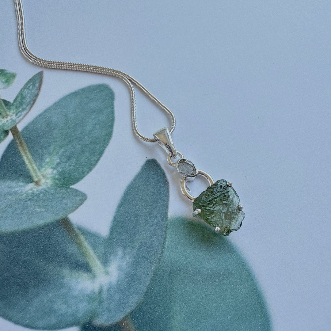 MOLDAVITE & HERKEMIER DIAMOND PENDANT