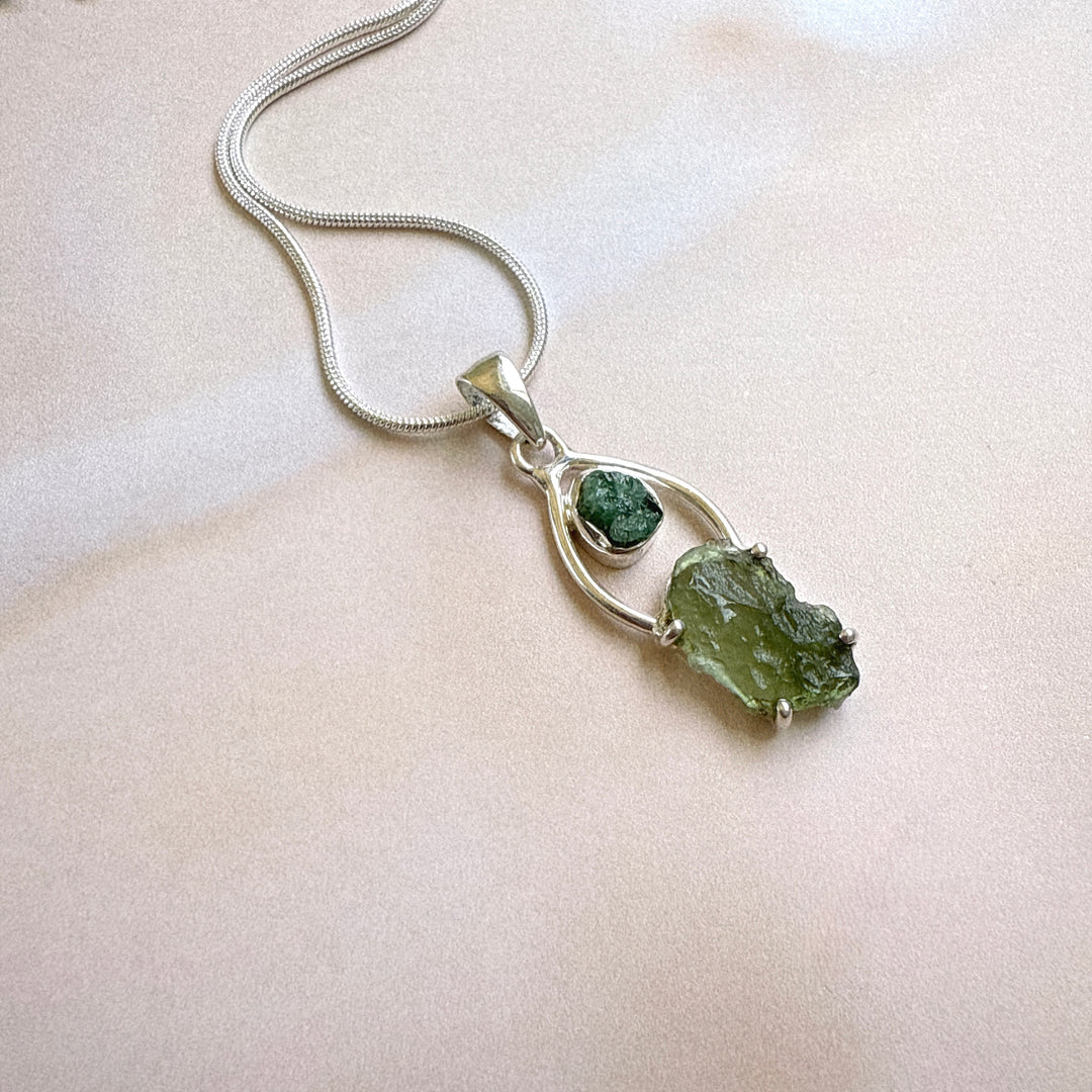 Moldavite & Green Tourmaline Pendant