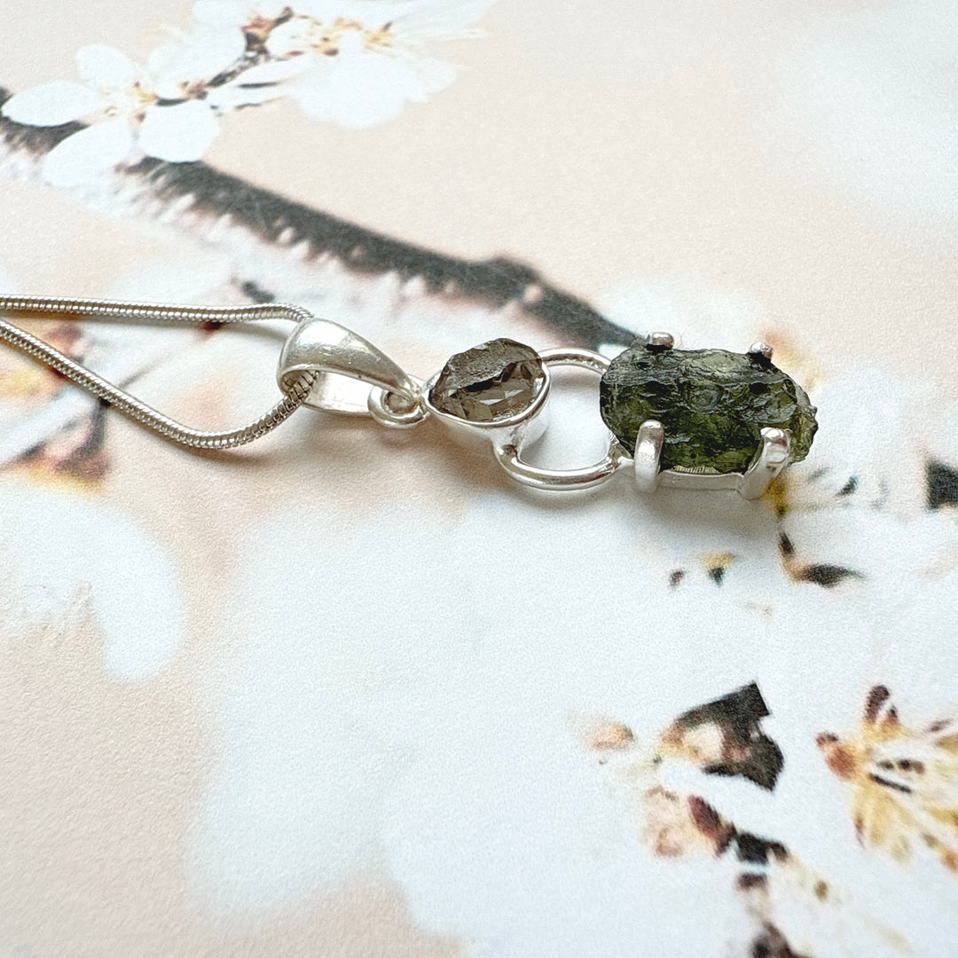 MOLDAVITE & HERKEMIER DIAMOND PENDANT