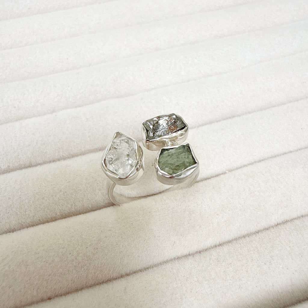 Moldavite, Herkimer Diamond & Meteorite Campo del Cielo Ring