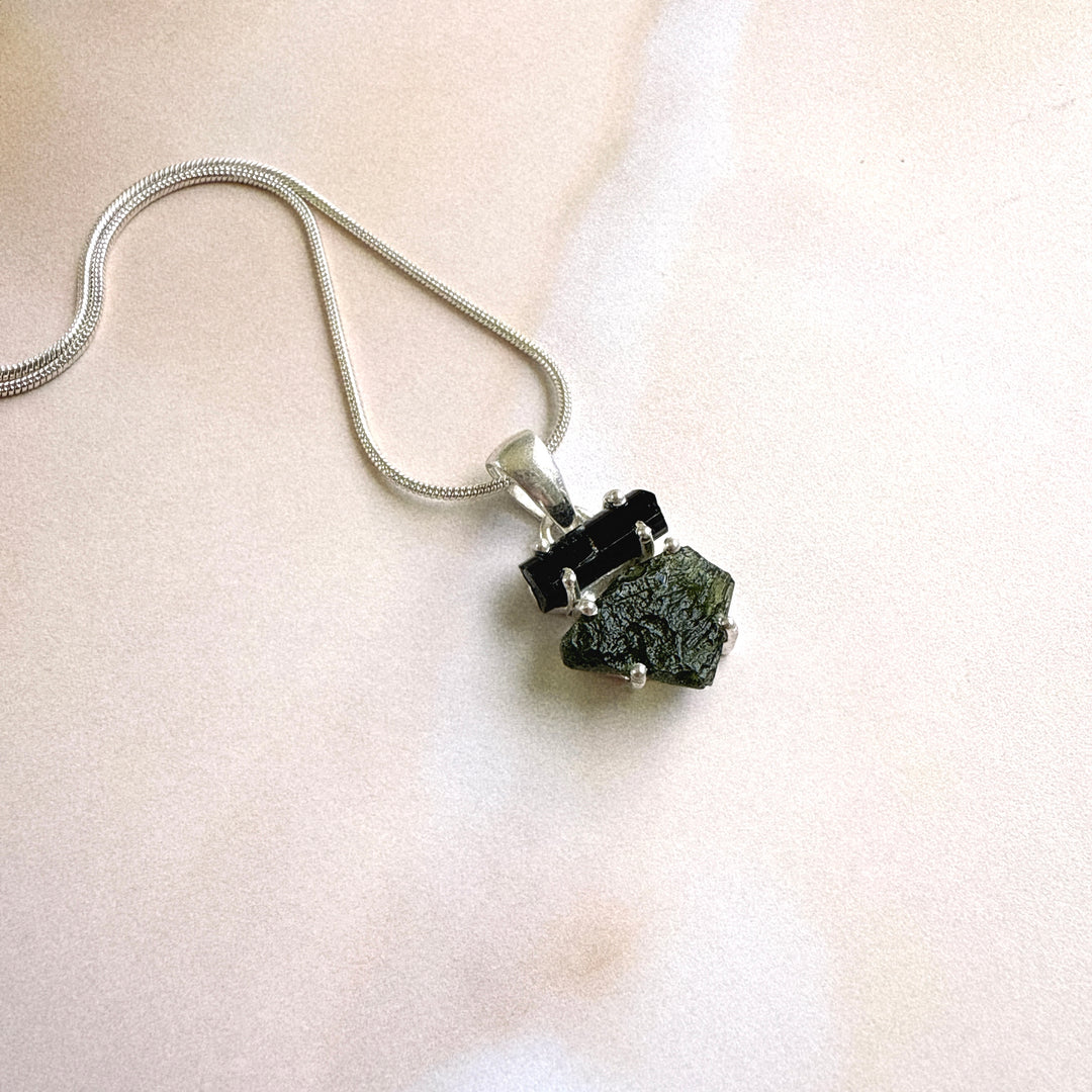 MOLDAVITE & BLACK TOURMALINE PENDANT