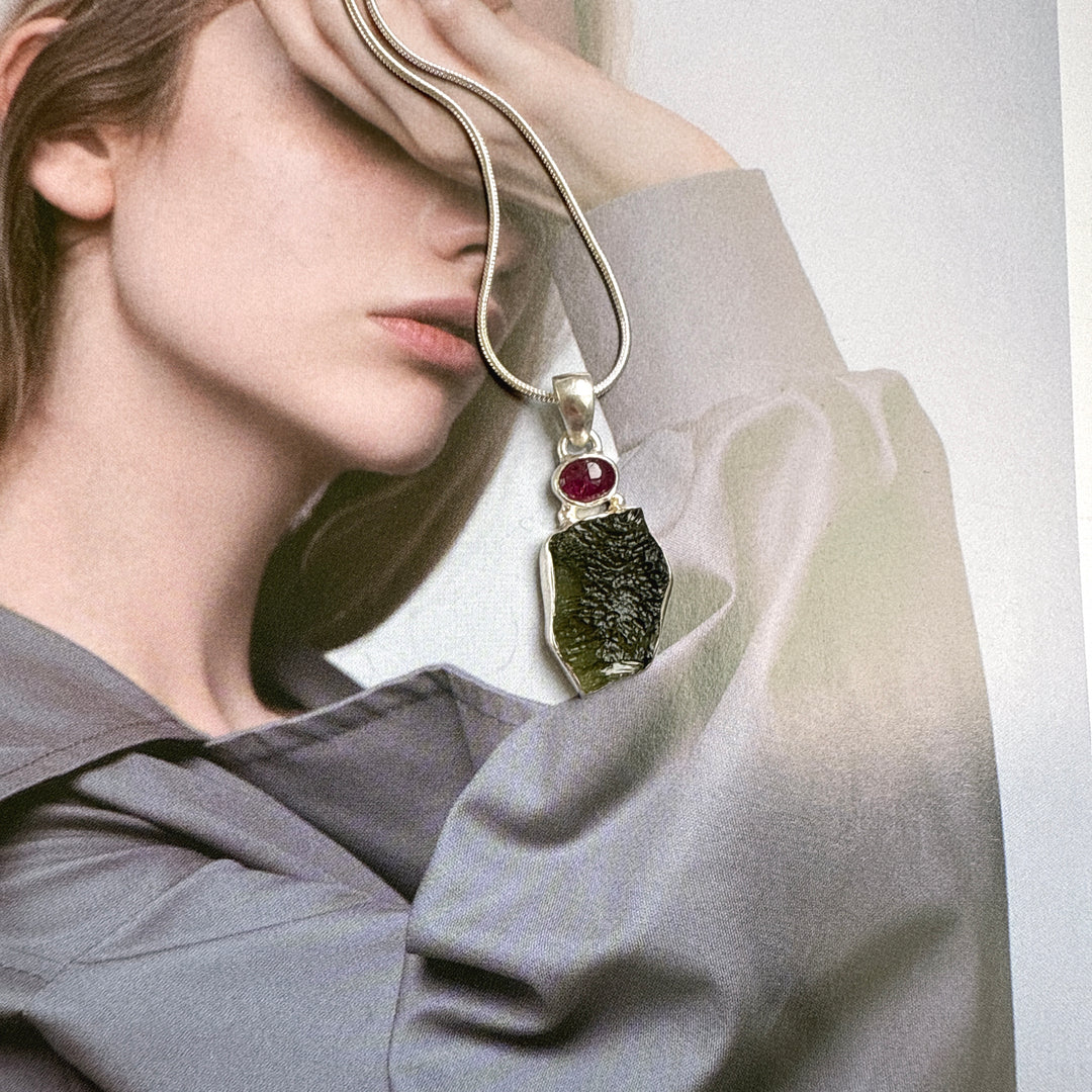Moldavite & Pink Tourmaline Pendant