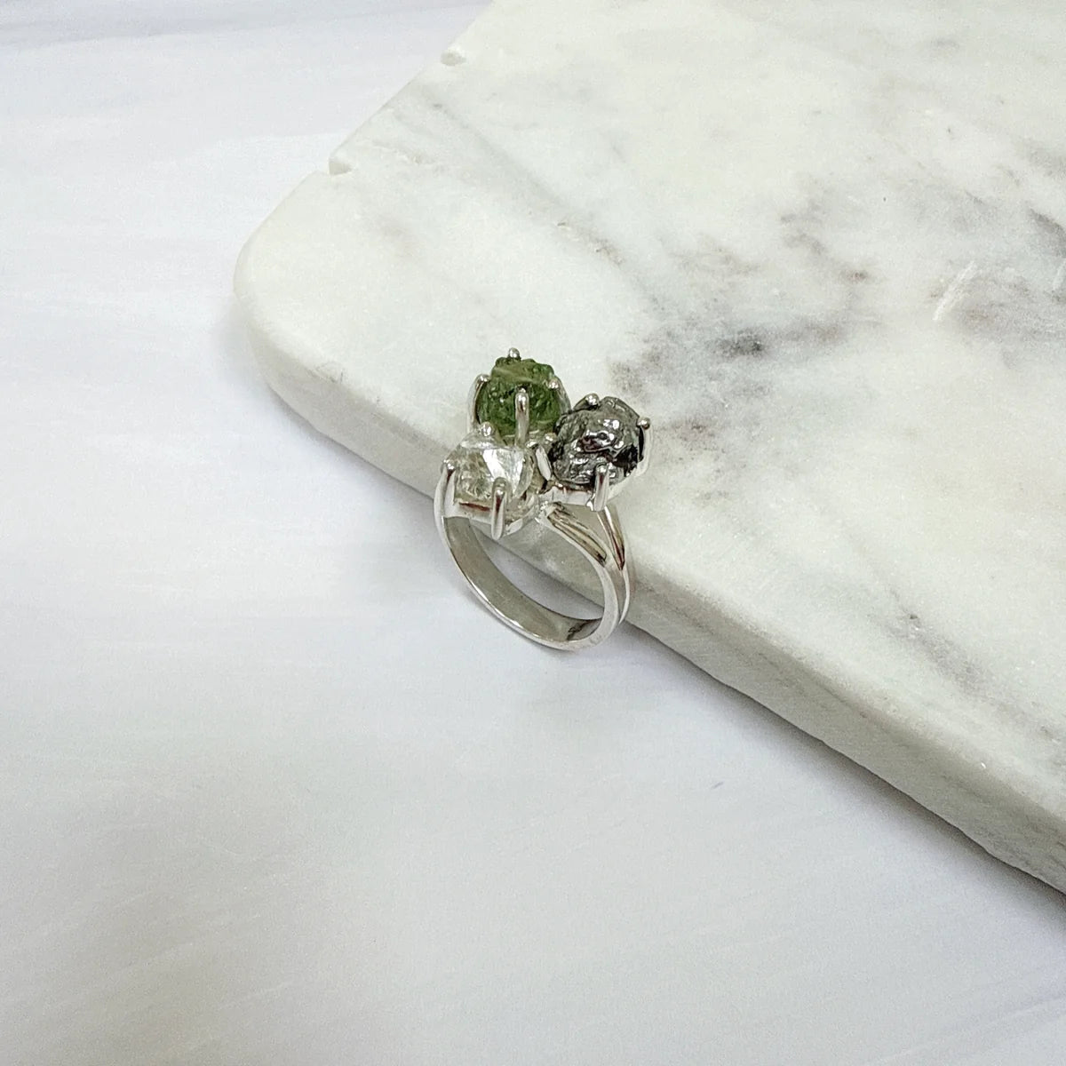 Moldavite, Herkimer Diamond & Meteorite Campo del Cielo Ring