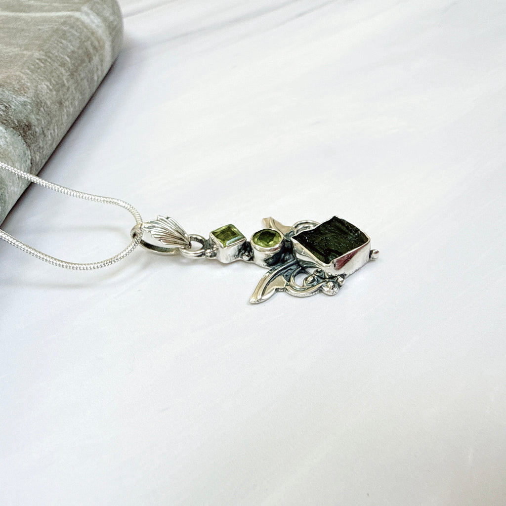 Moldavite & Peridot Faceted Pendant
