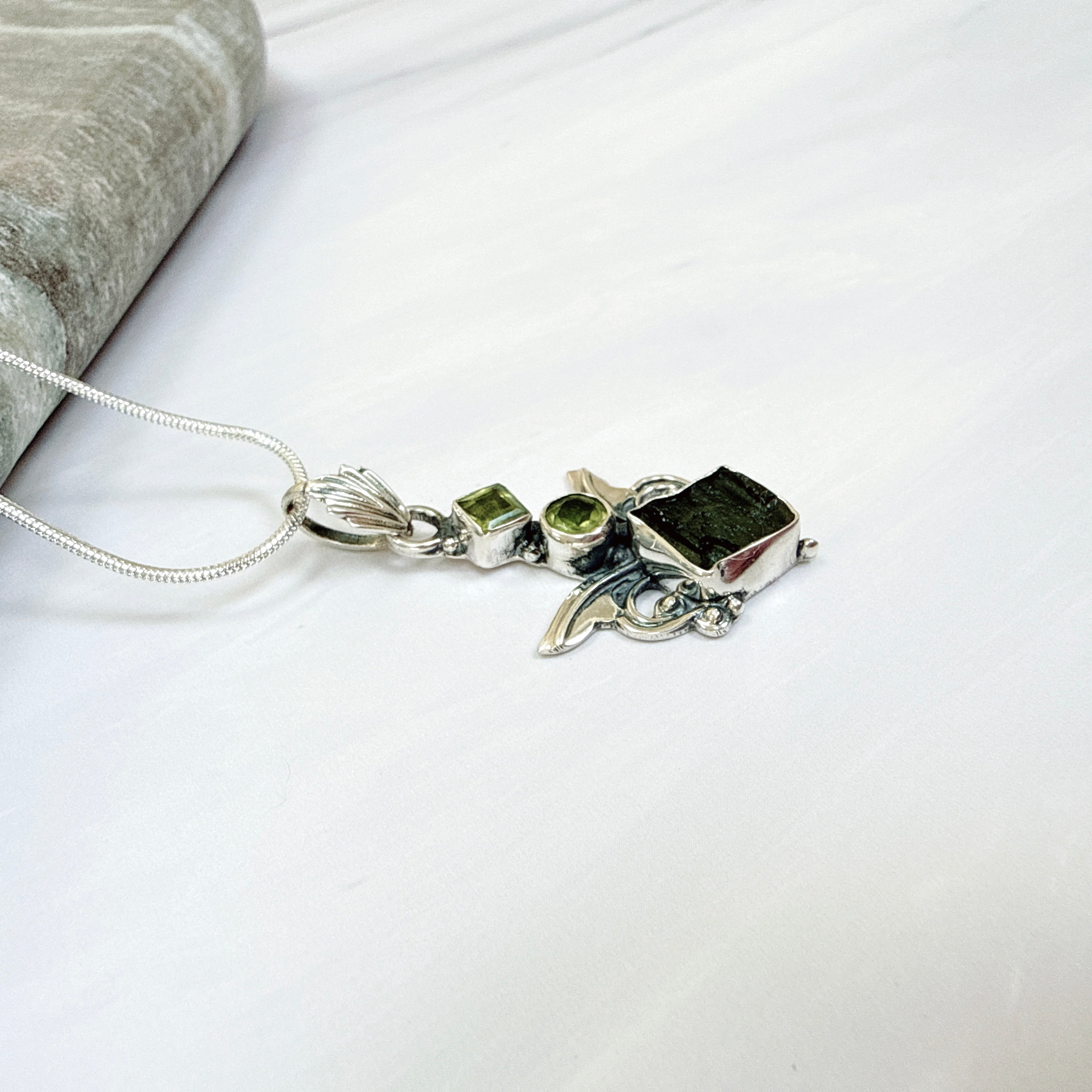 Moldavite & Peridot Faceted Pendant