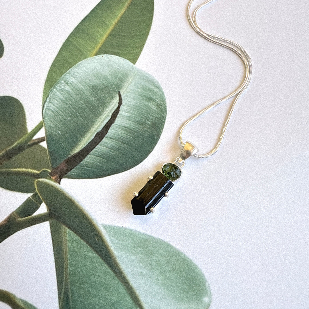 Moldavite & Black Tourmaline Pendant