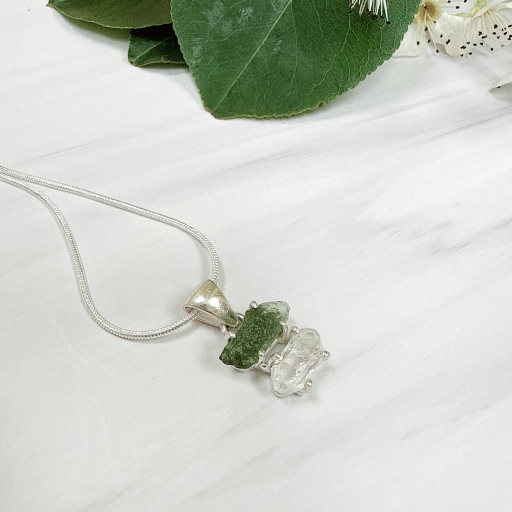 MOLDAVITE & HERKEMIER DIAMOND PENDANT