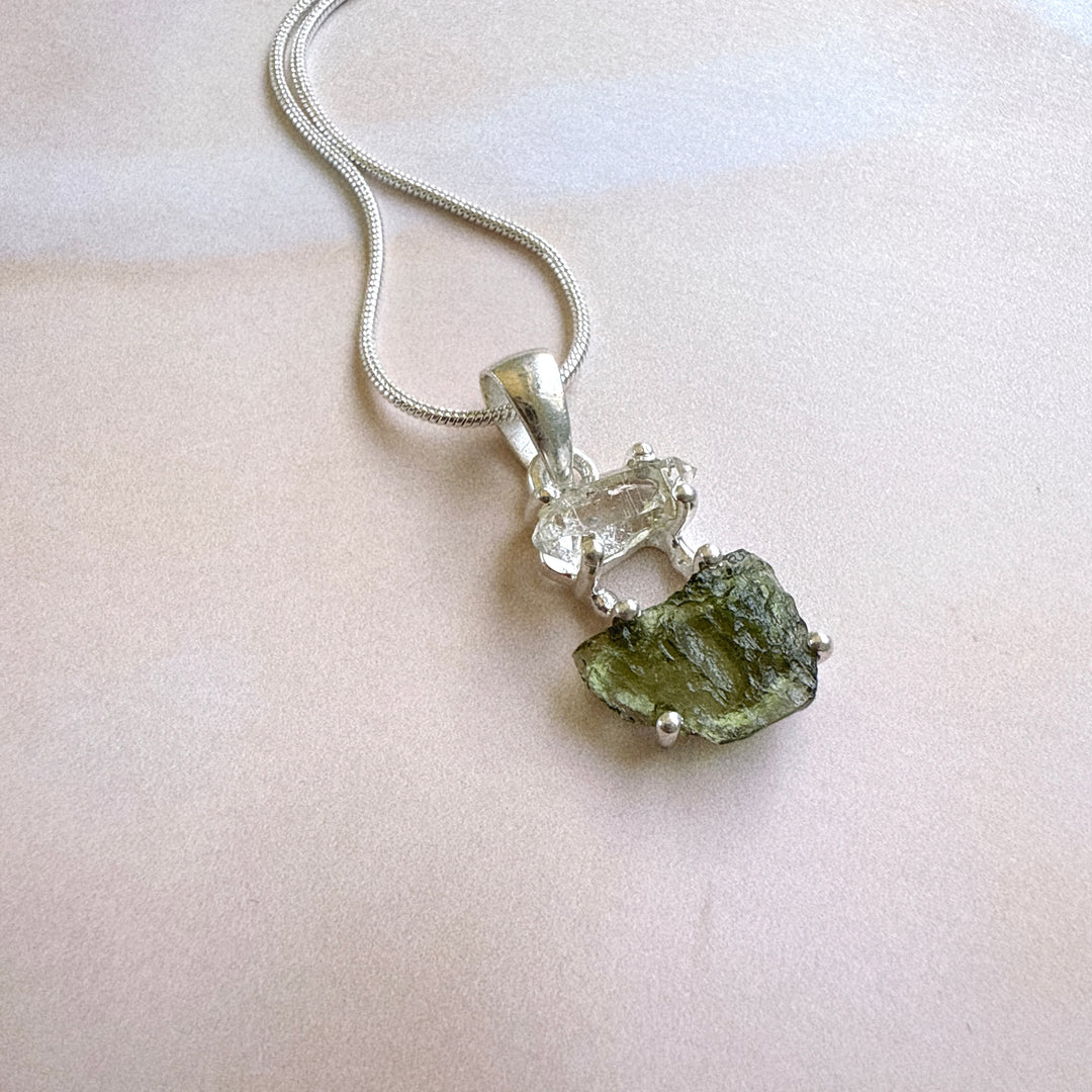 MOLDAVITE & HERKEMIER DIAMOND PENDANT