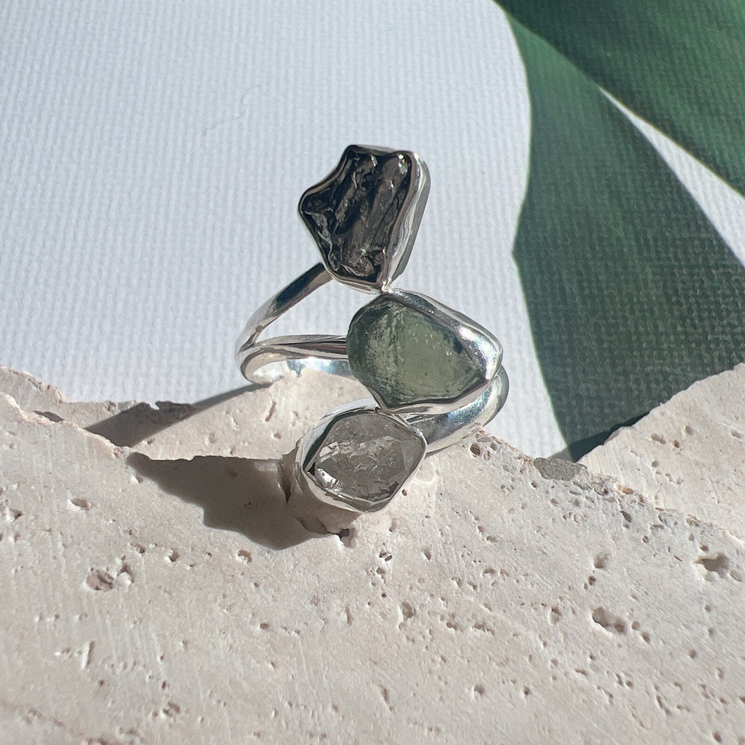MOLDAVITE, HERKIMER DIAMOND & CAMPO DEL CIELO RING