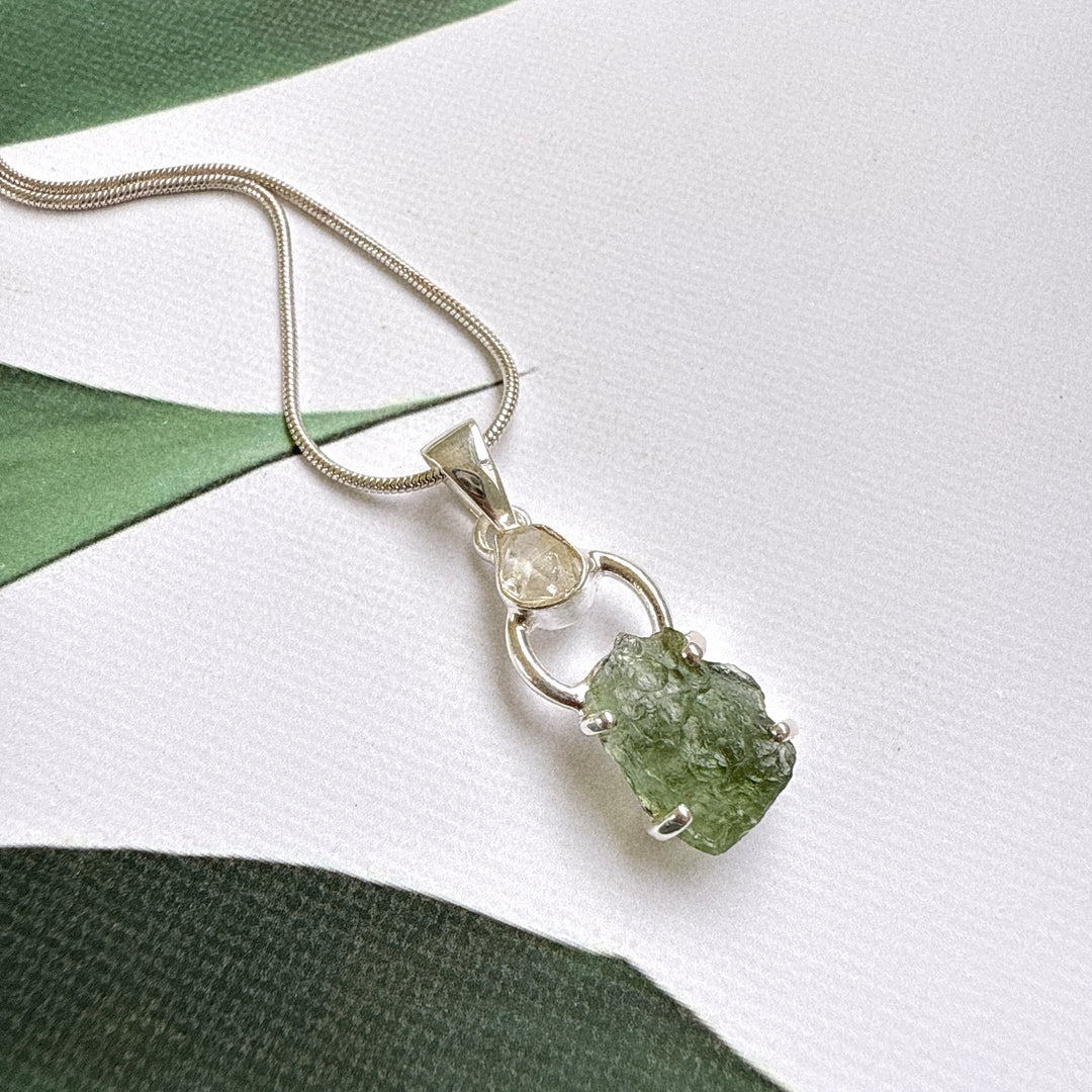 Moldavite & Herkimer Pendant
