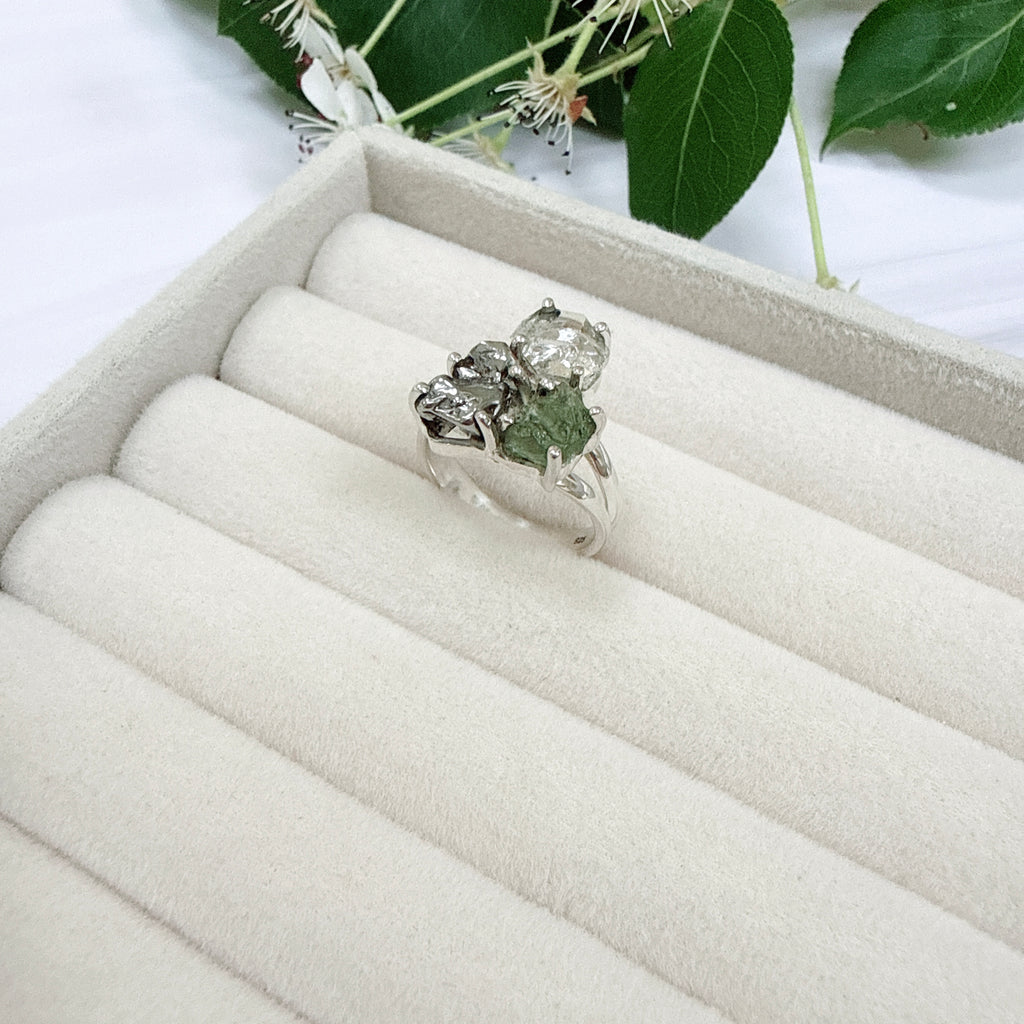 Moldavite, Herkimer Diamond & Meteorite Campo del Cielo Ring