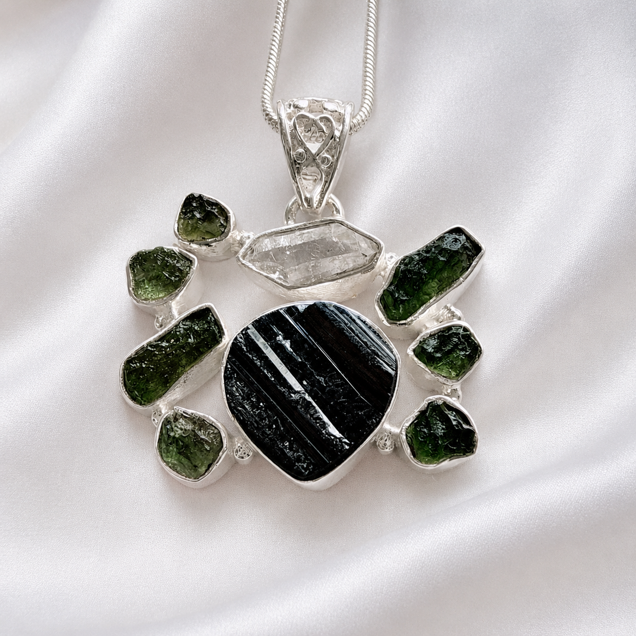 Designer – Moldavite, Black Tourmaline & Herkimer Diamond Pendant