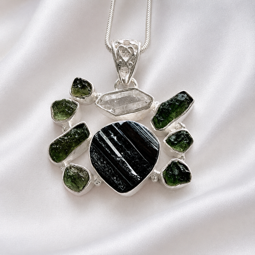 Designer – Moldavite, Black Tourmaline & Herkimer Diamond Pendant
